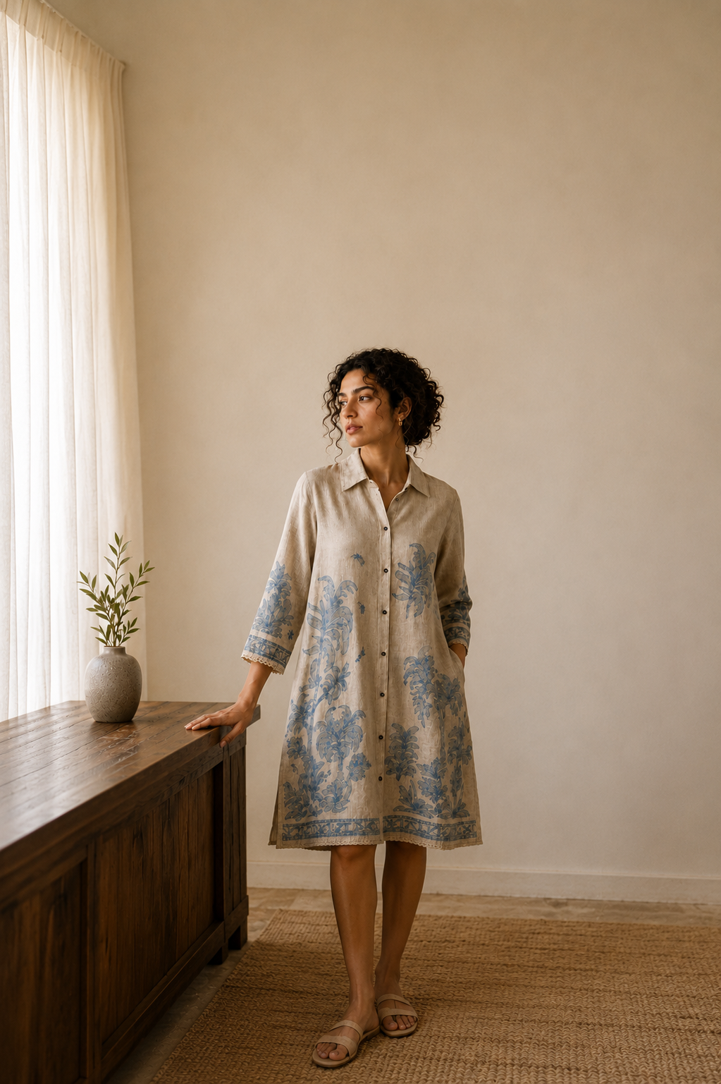 Botanical Print Linen Shirt Dress / Tunic