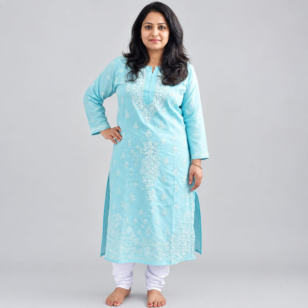Women’s Sky Blue Embroidered Straight Kurta with Subtle Print
