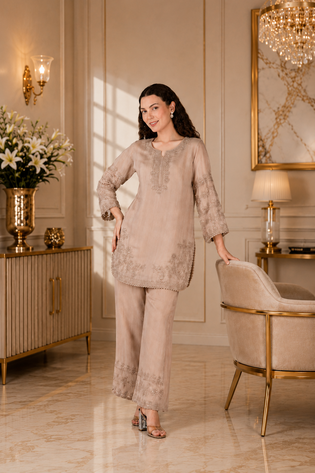 Beige Emroidered Kurta