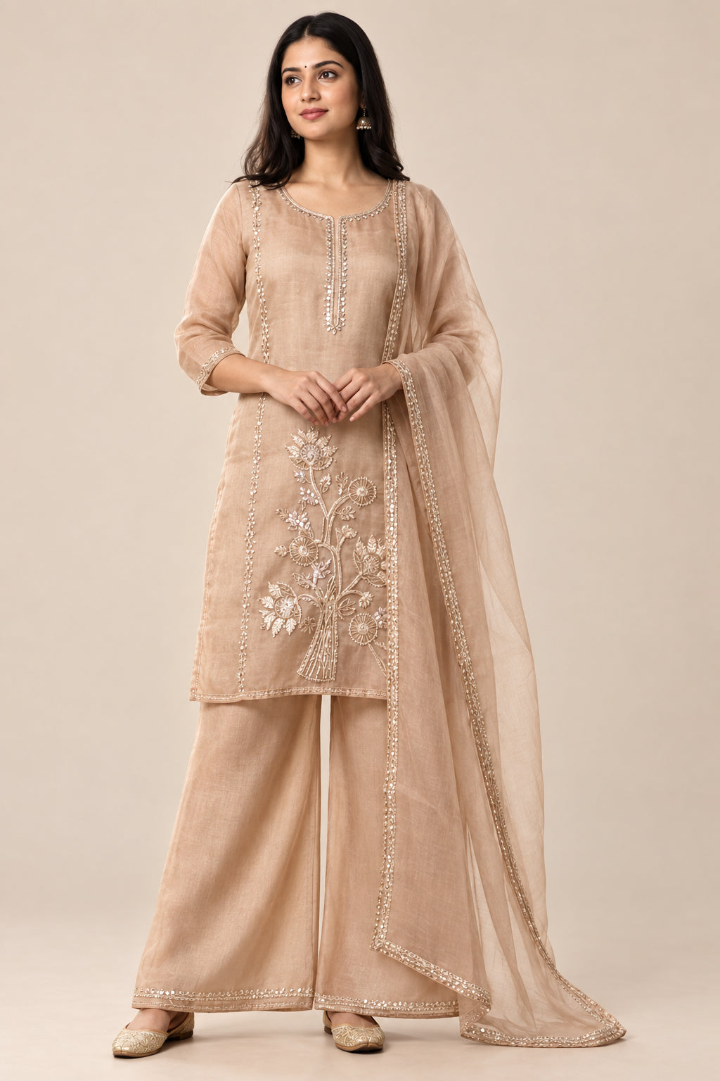 Women’s Beige Embroidered Kurta Palazzo Set with Dupatta | 3-Piece Ethnic Suit Set for Festive & Party Wear