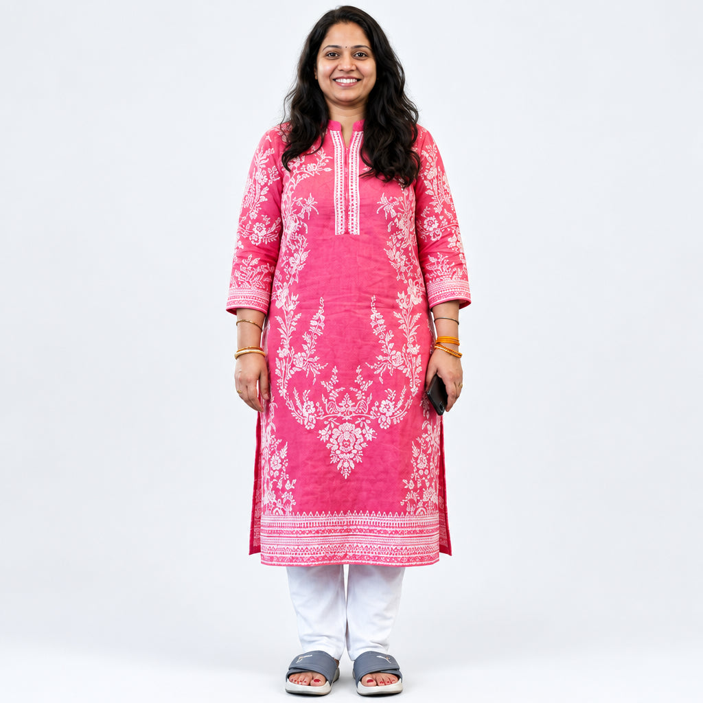 Pink Floral Printed Straight Kurta with White Pants