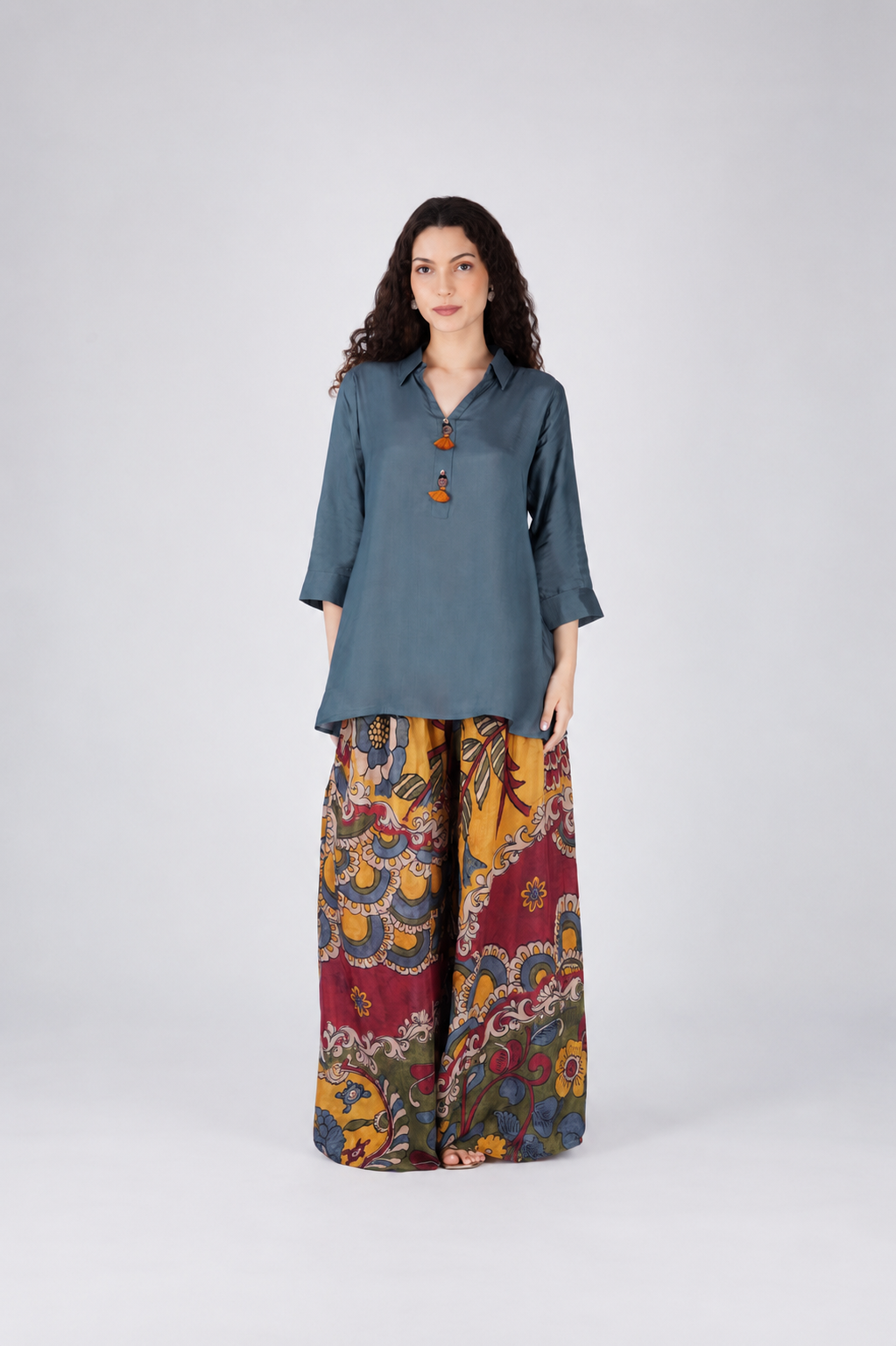 Grey Tunic Paired with wide log Palazzo Pant