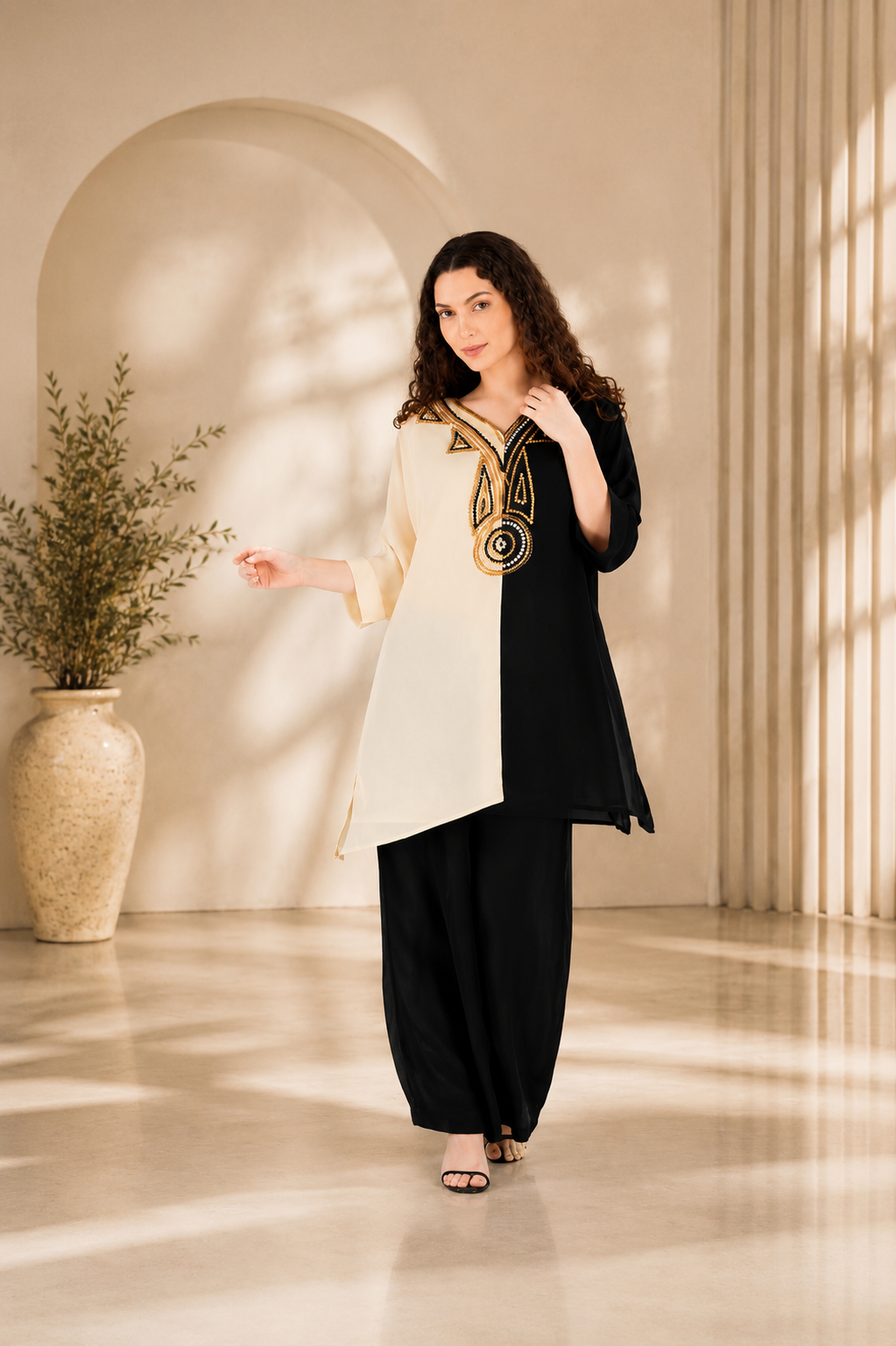 Black Ivory Crepe Designer Handwork Sharara Coord