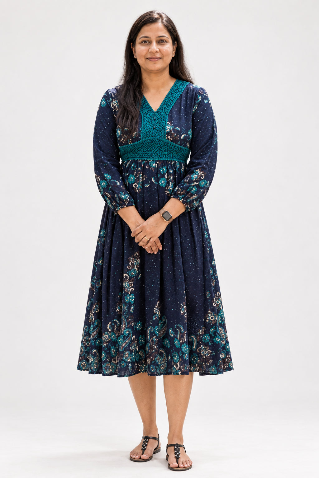 Women’s Teal & Navy Floral Printed A-Line Midi Dress with V-Neck