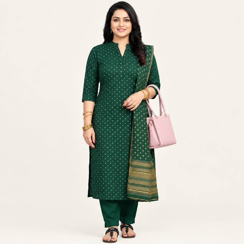 Elegant Bottle Green Printed Straight Kurta Set with Matching Dupatta