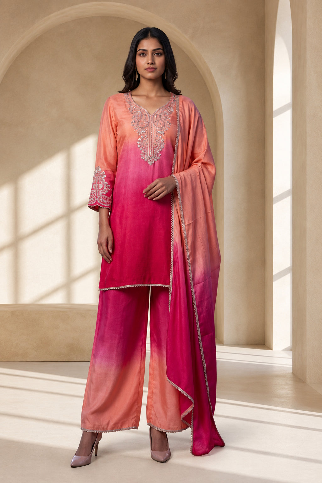 Women’s Pink Ombre Embroidered Kurta Palazzo Set with Dupatta | 3-Piece Ethnic Suit Set