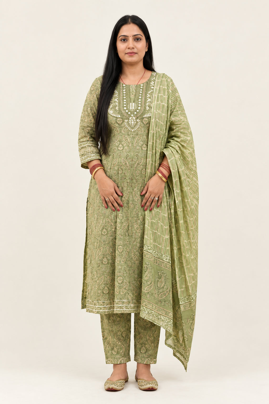 Product intricate paisley-inspired motifs and delicate ornamental detailing. The straight-cut kurta is paired with coordinating printed pants and a Title Women’s Olive Green Printed Kurta Set with Matching Pants & Dupatta