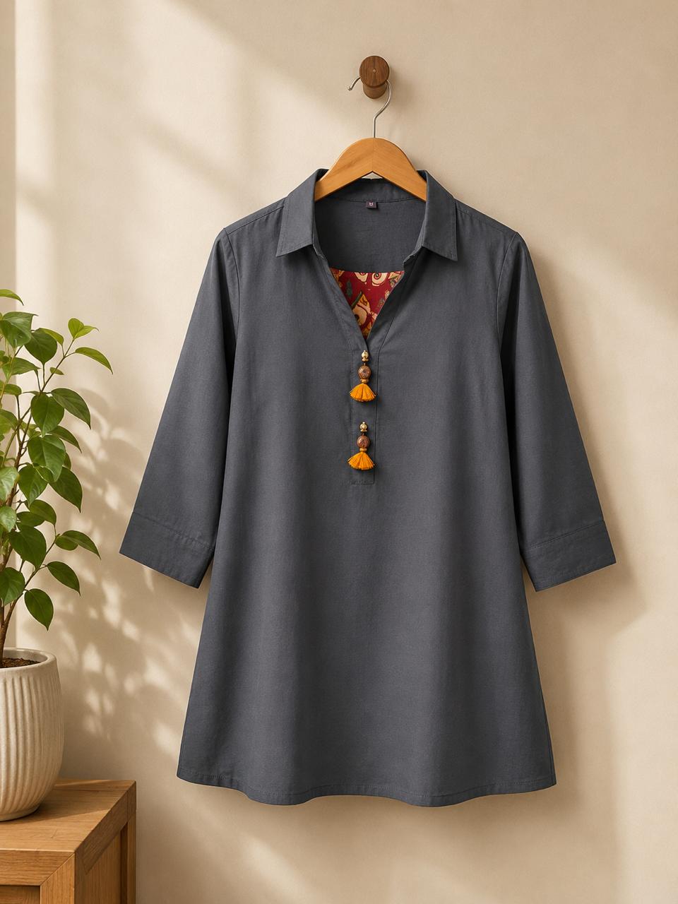 Grey Tunic Paired with wide log Palazzo Pant