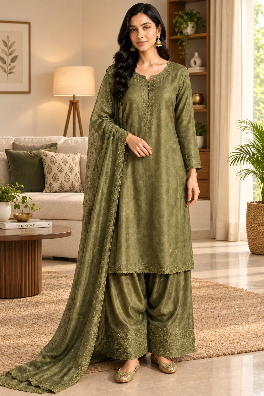 Women’s Olive Green Embroidered Kurta Palazzo Set with Dupatta | 3-Piece Ethnic Suit Set for Festive & Party Wear