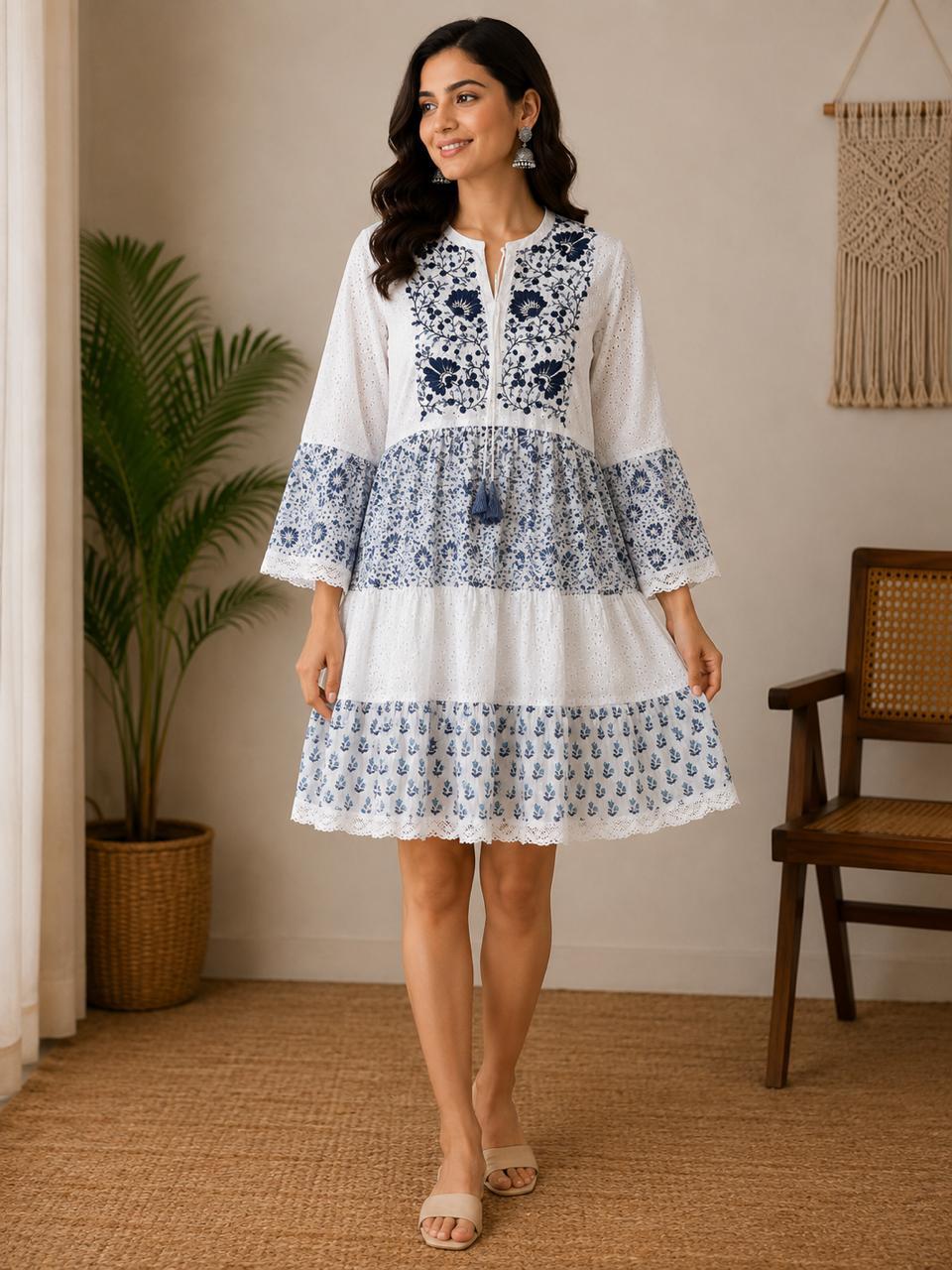 White & Blue Floral Embroidered Tiered Cotton Dress