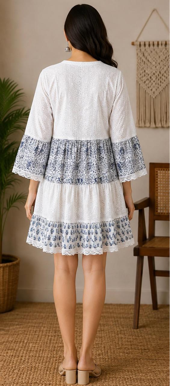 White & Blue Floral Embroidered Tiered Cotton Dress