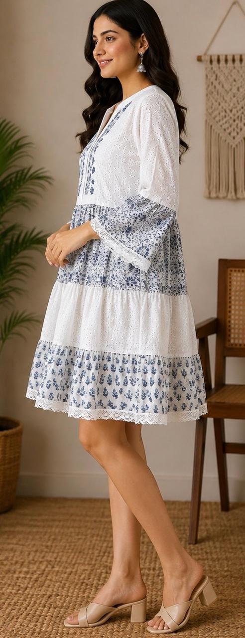 White & Blue Floral Embroidered Tiered Cotton Dress