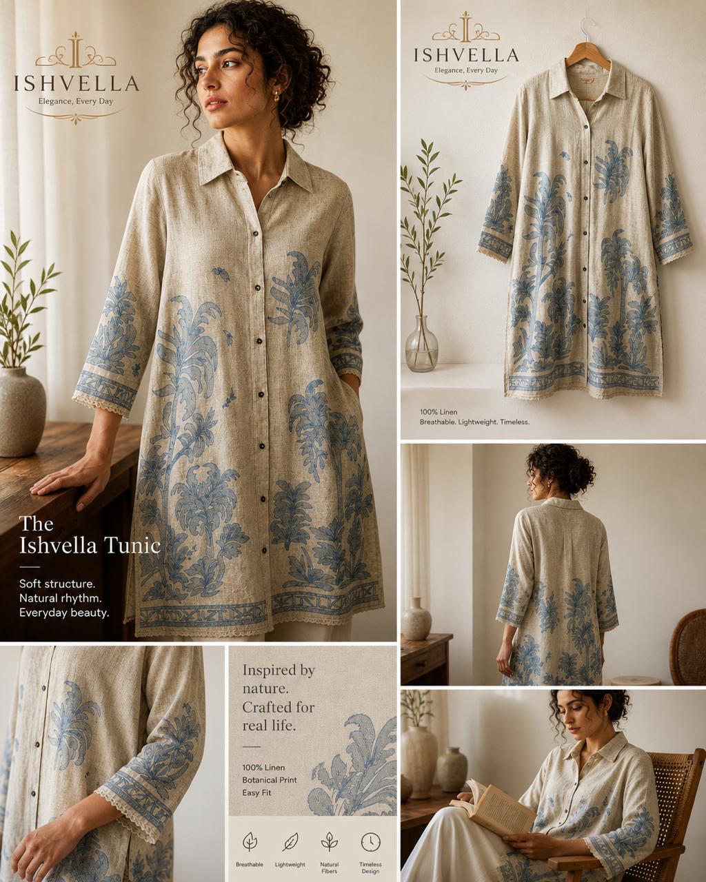 Botanical Print Linen Shirt Dress / Tunic