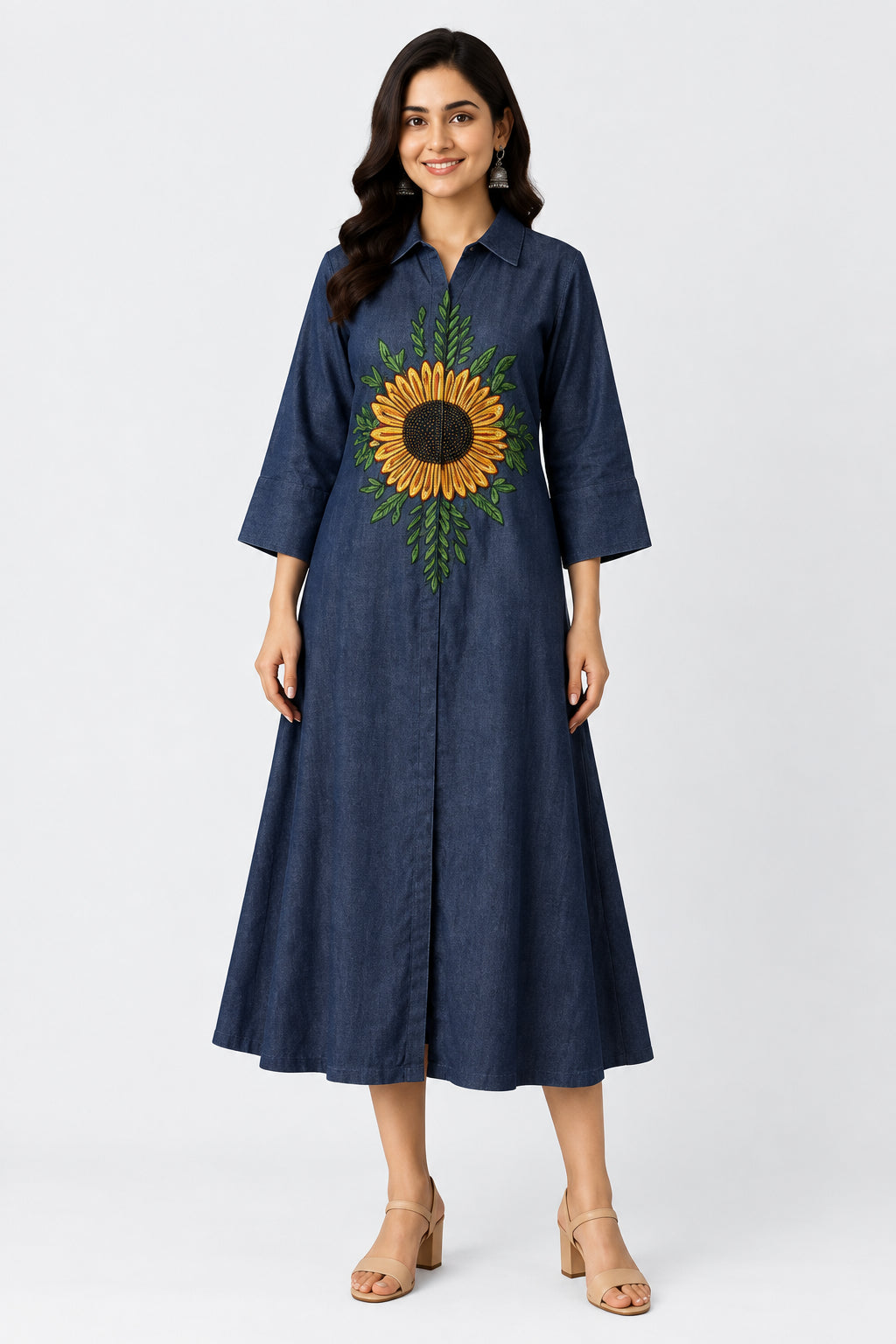 Indigo Sunflower Embroidered Dress
