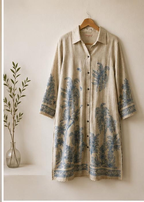 Botanical Print Linen Shirt Dress / Tunic