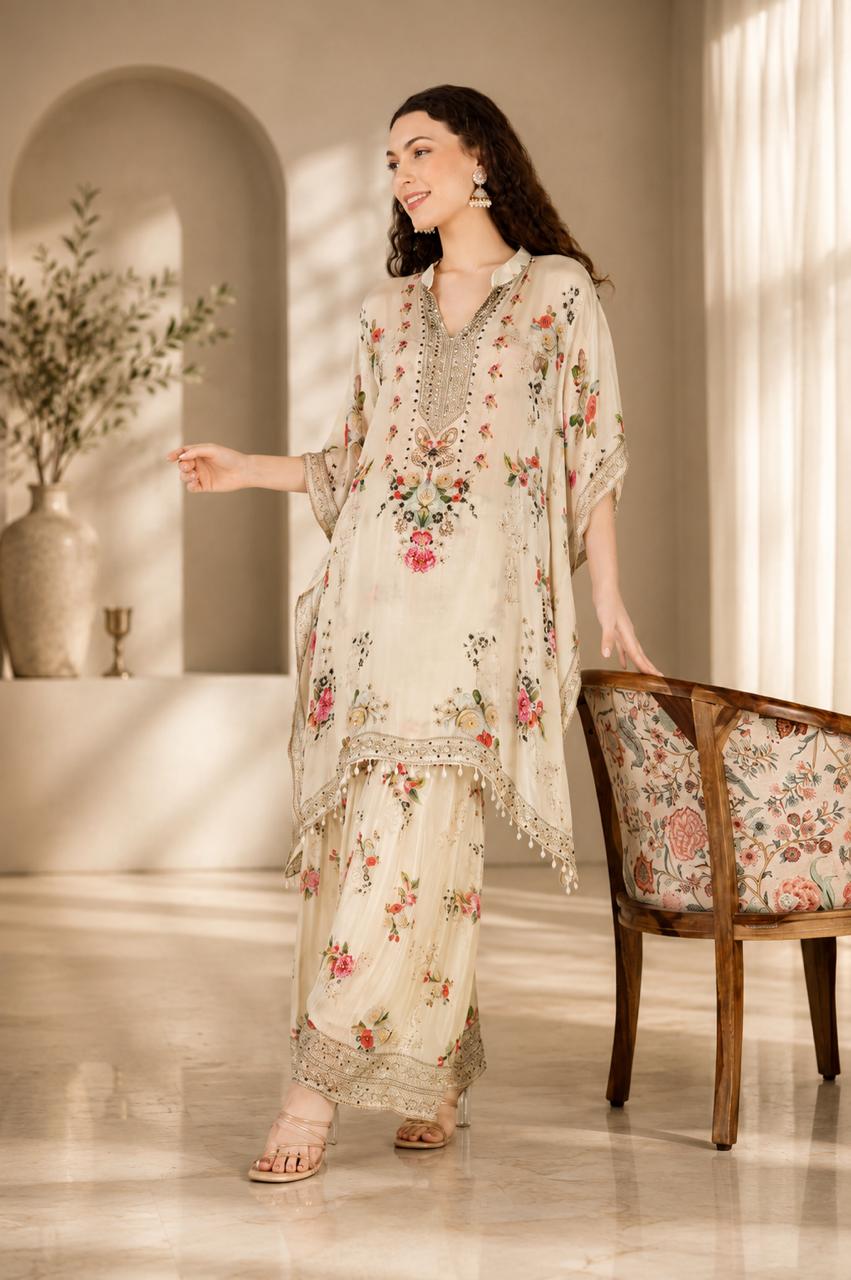 Embellished Silk Blend Kaftan with Sharara