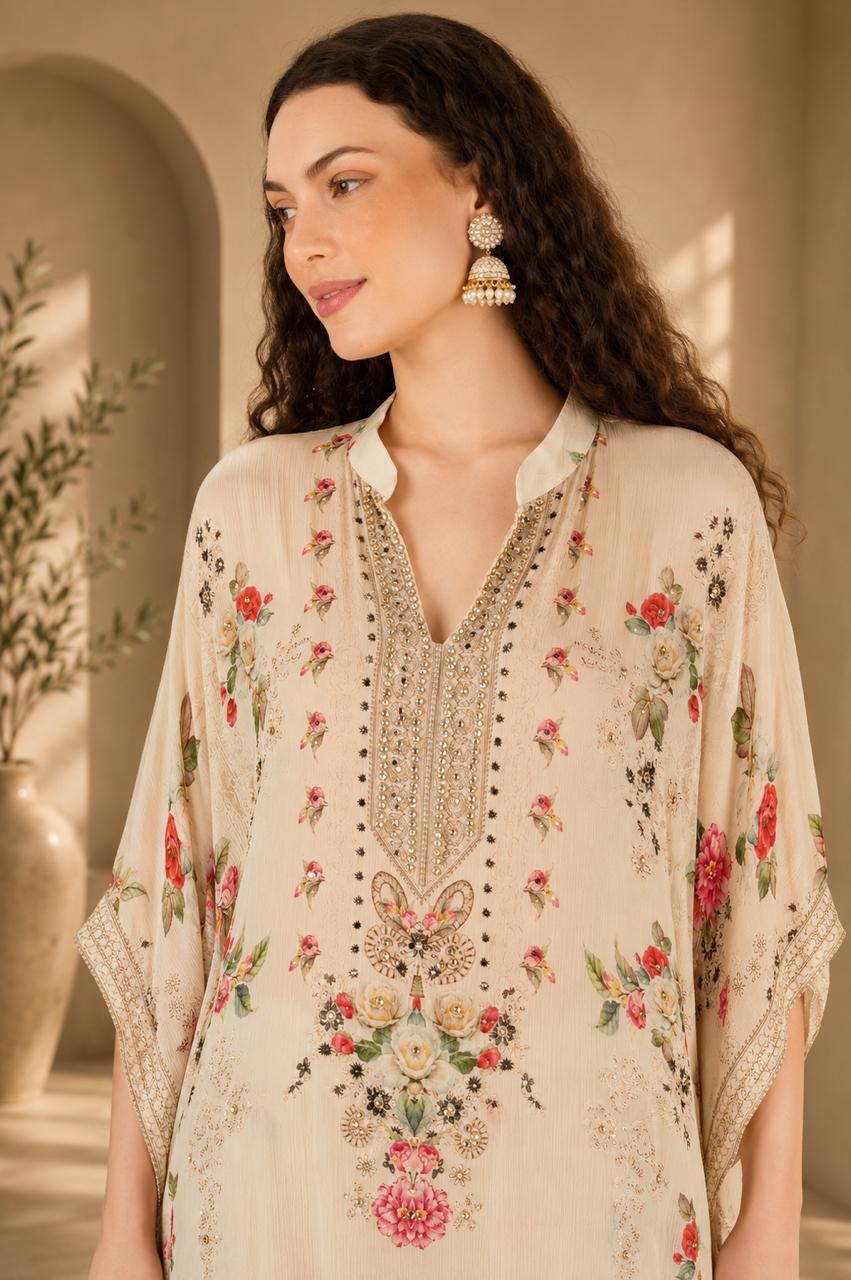 Embellished Silk Blend Kaftan with Sharara