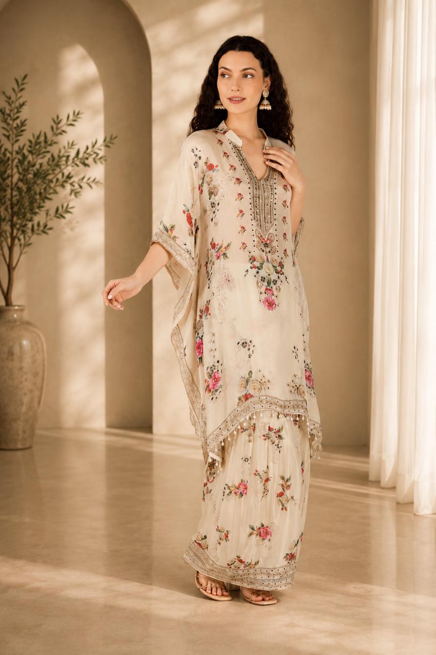 Embellished Silk Blend Kaftan with Sharara