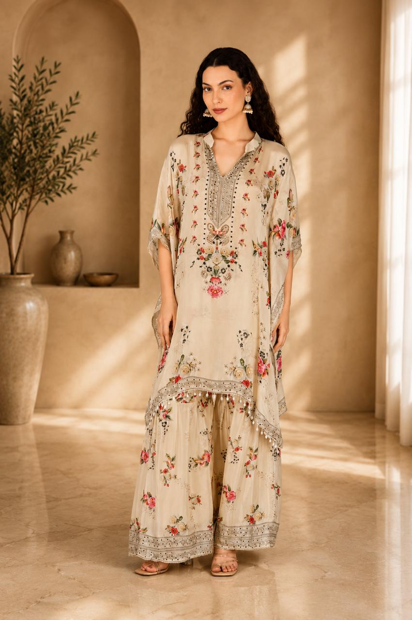 Embellished Silk Blend Kaftan with Sharara