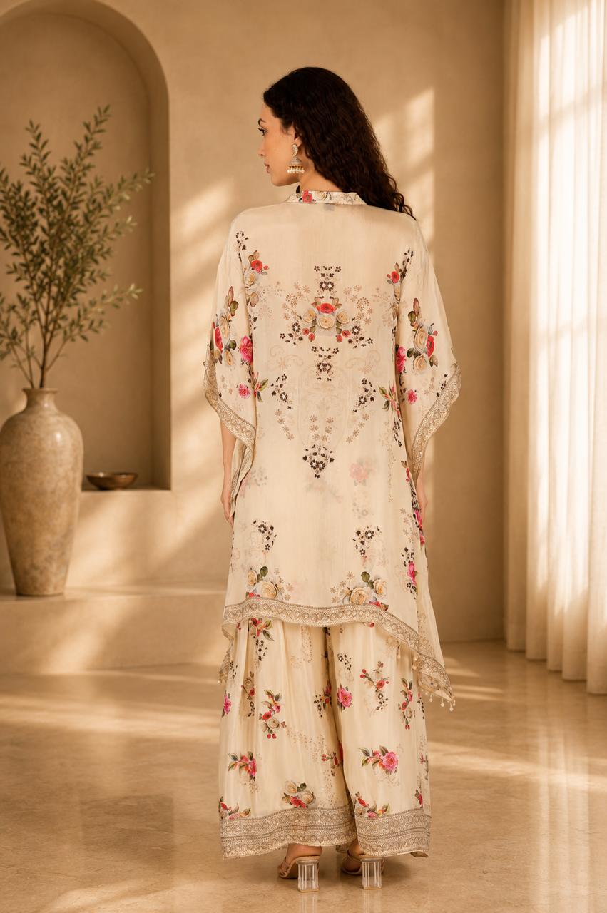 Embellished Silk Blend Kaftan with Sharara