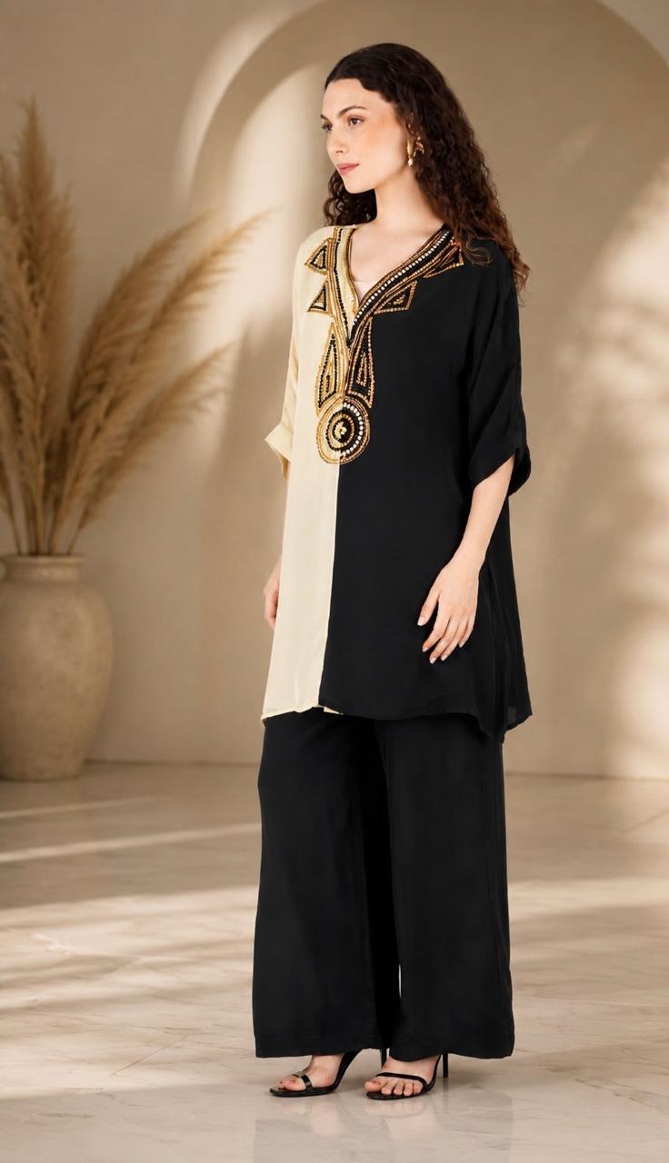 Black Ivory Crepe Designer Handwork Sharara Coord