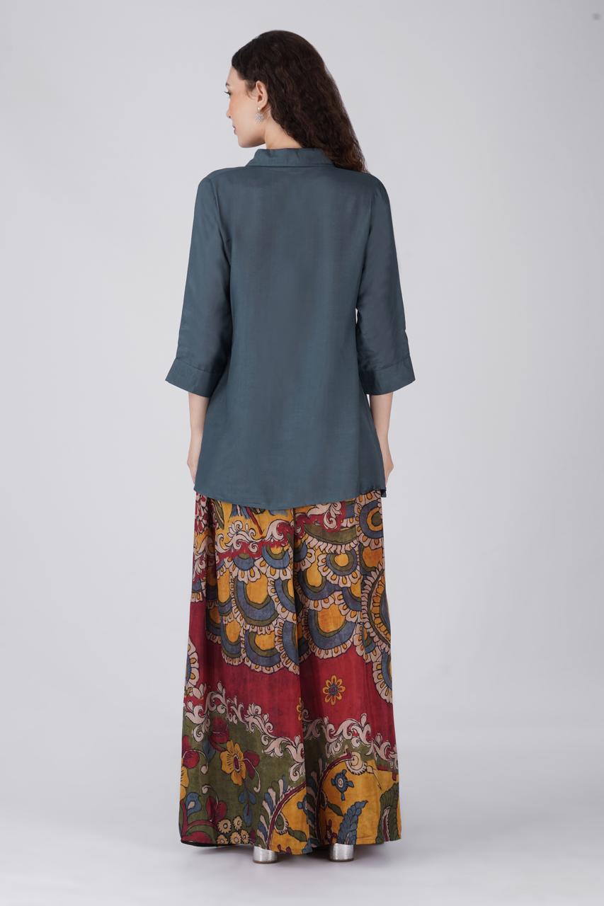 Grey Tunic Paired with wide log Palazzo Pant