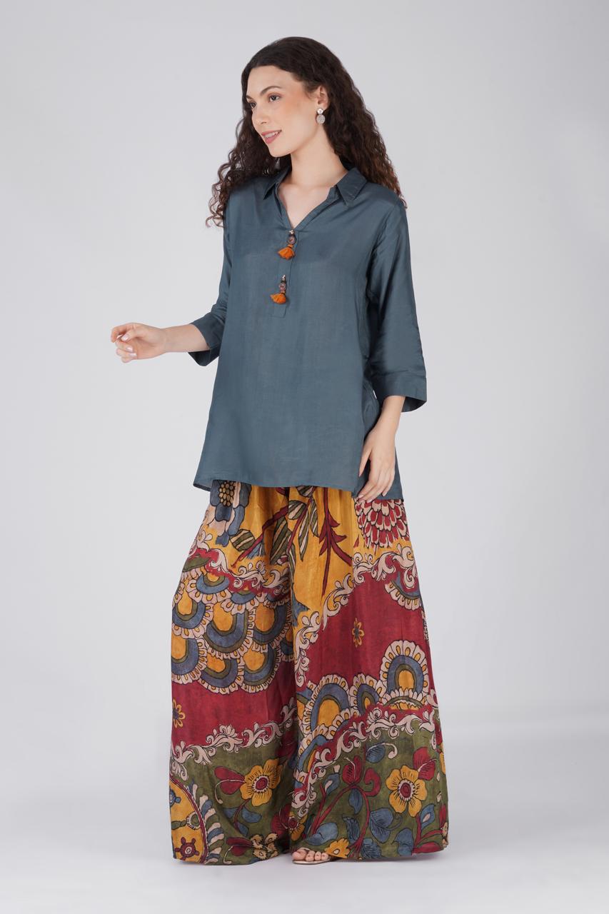 Grey Tunic Paired with wide log Palazzo Pant