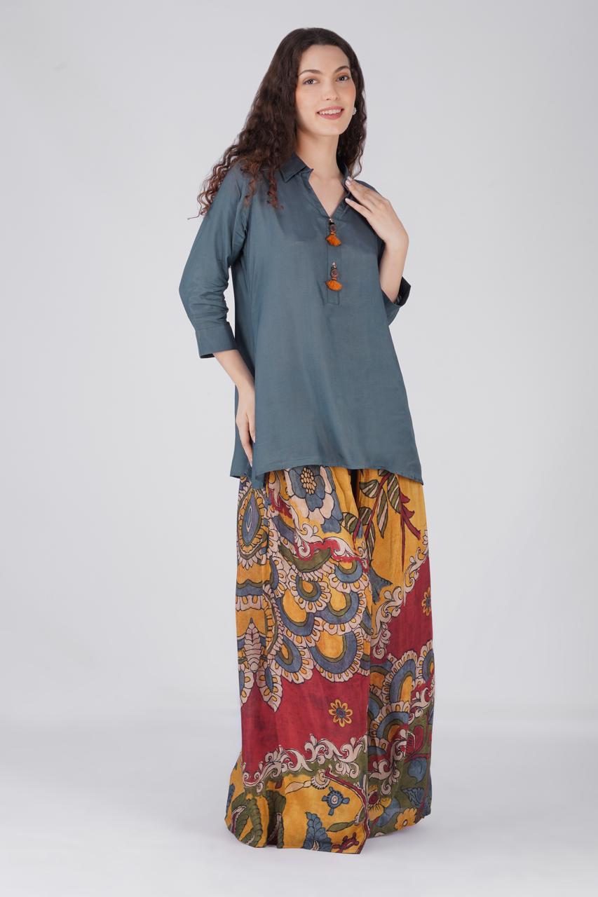 Grey Tunic Paired with wide log Palazzo Pant