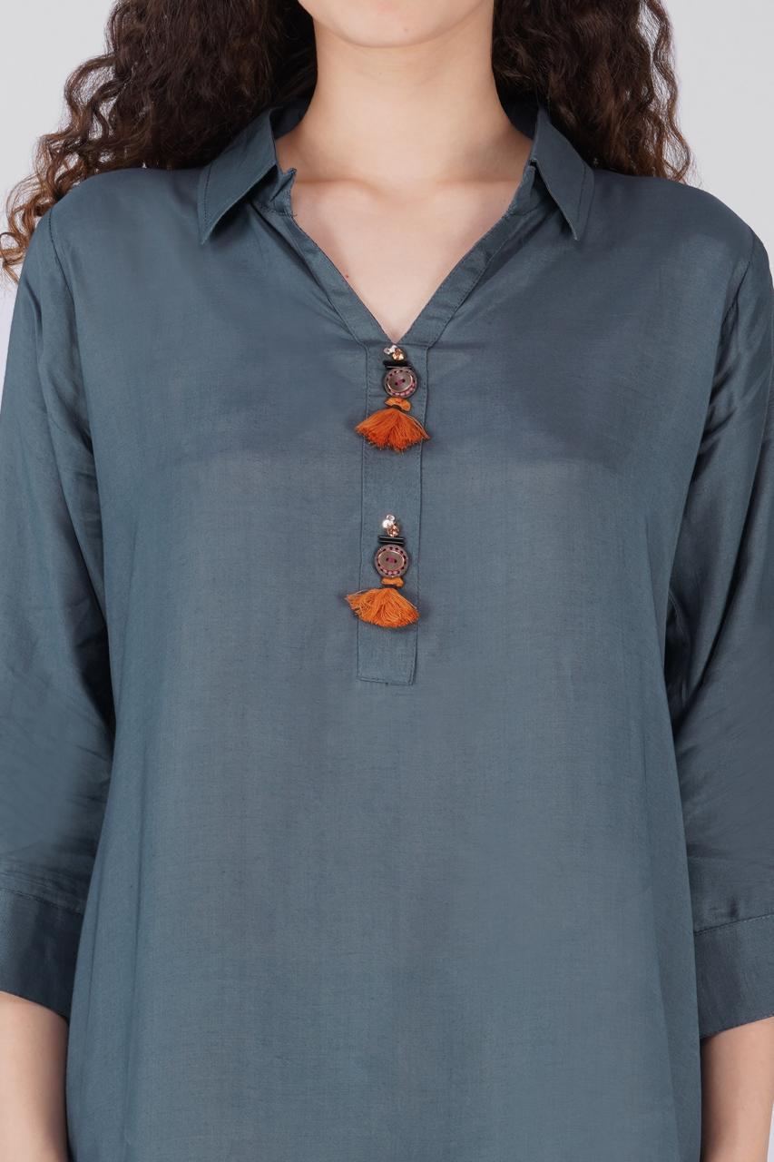 Grey Tunic Paired with wide log Palazzo Pant