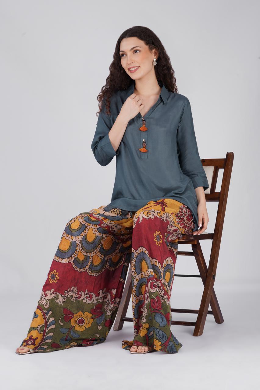 Grey Tunic Paired with wide log Palazzo Pant