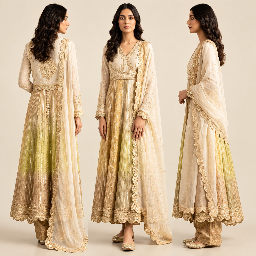 Elegant Ivory & Golden Embroidered Anarkali Suit Set with Dupatta